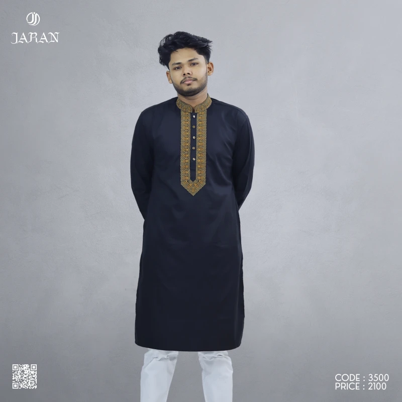 Midnight Black Embroidered Panjabi – J355