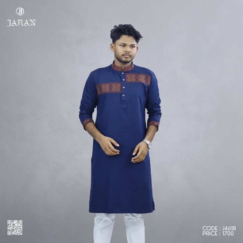 Navy Elegance Panjabi with Rust Embroidery – J461B