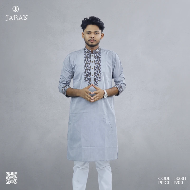 Ash Grey Panjabi with Black Embroidery – J338H