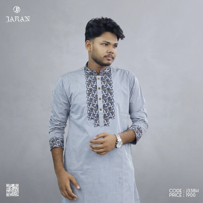 Ash Grey Panjabi with Black Embroidery – J338H
