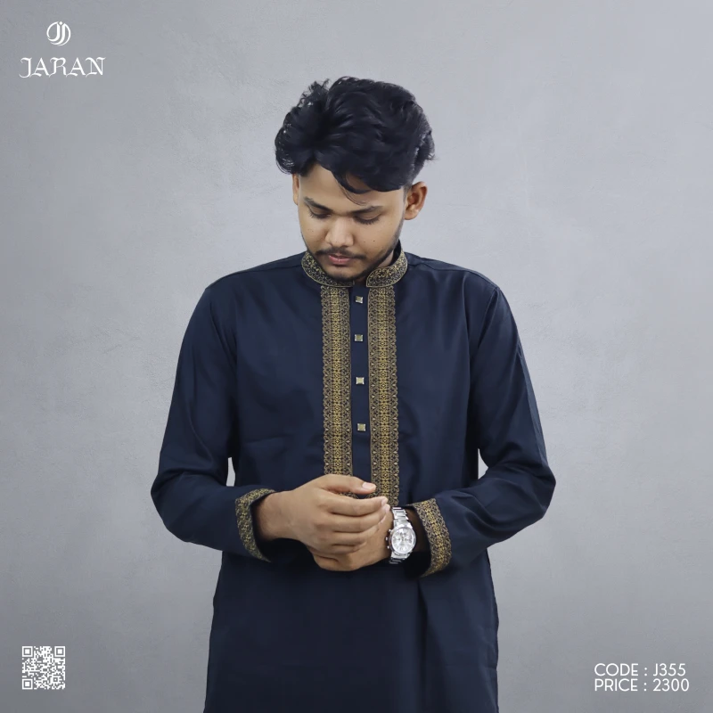 Midnight Black Embroidered Panjabi – J355