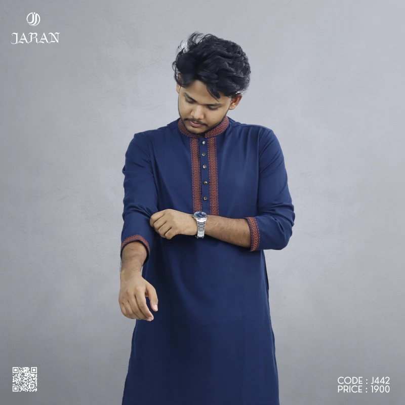 Navy Blue Panjabi with Maroon Embroidery – J442